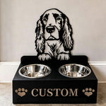 Personalized field spaniel dog metal dog bowl stand with custom name cutout and two removable feeding bowls