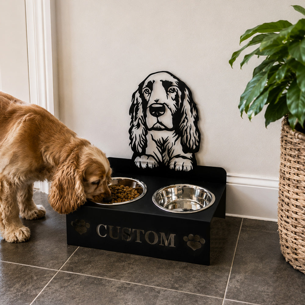 Personalized field spaniel dog metal dog bowl stand with custom name cutout and two removable feeding bowls