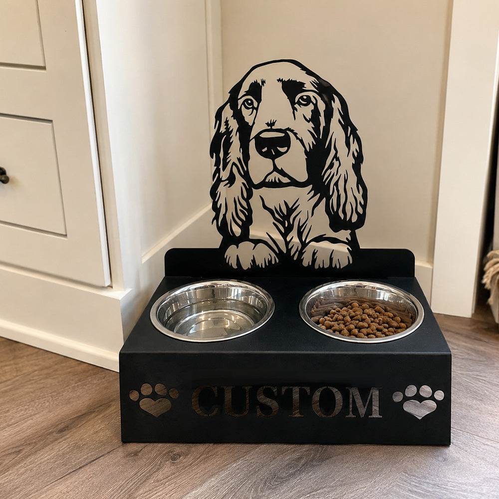 Personalized field spaniel dog metal dog bowl stand with custom name cutout and two removable feeding bowls