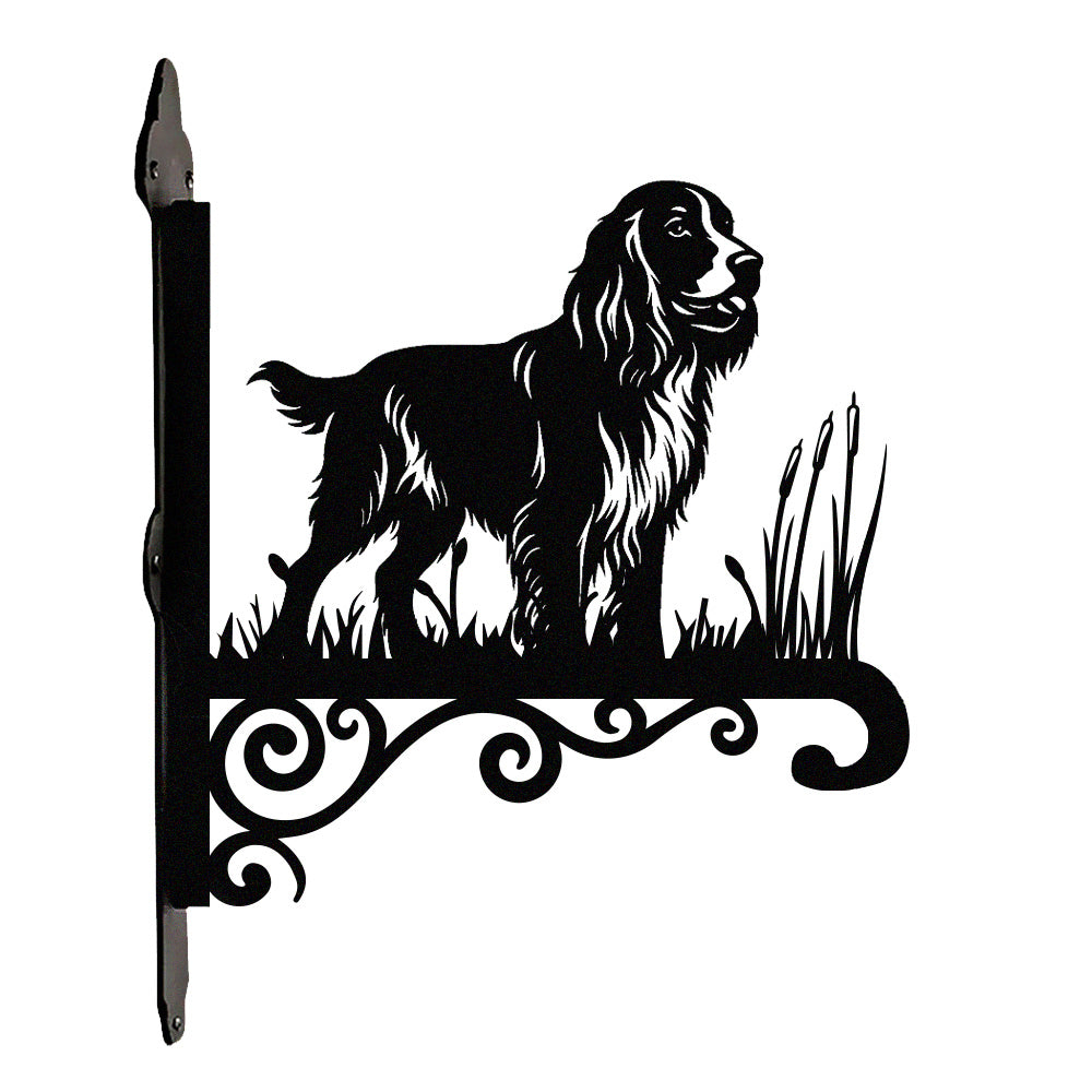 Field spaniel metal hanging basket bracket mounted on outdoor wall for plant decoration