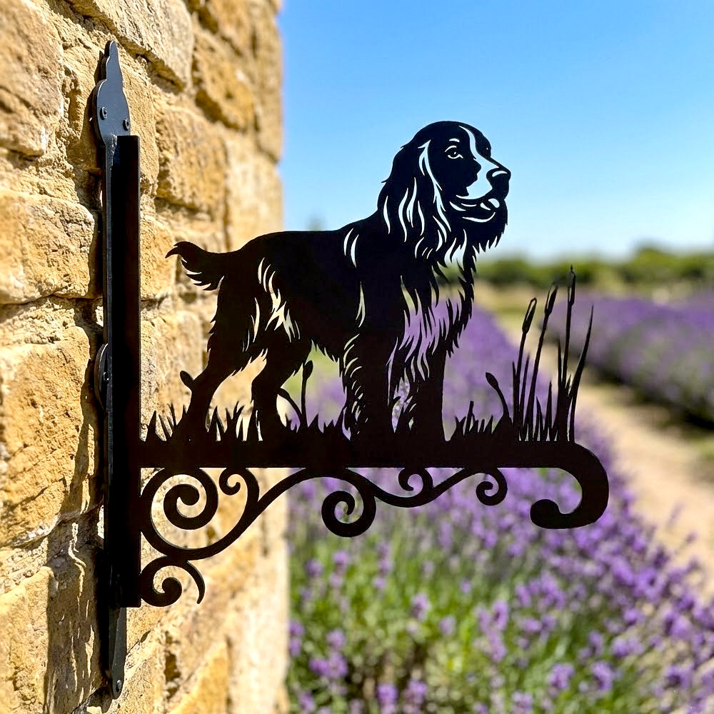 Field spaniel metal hanging basket bracket mounted on outdoor wall for plant decoration