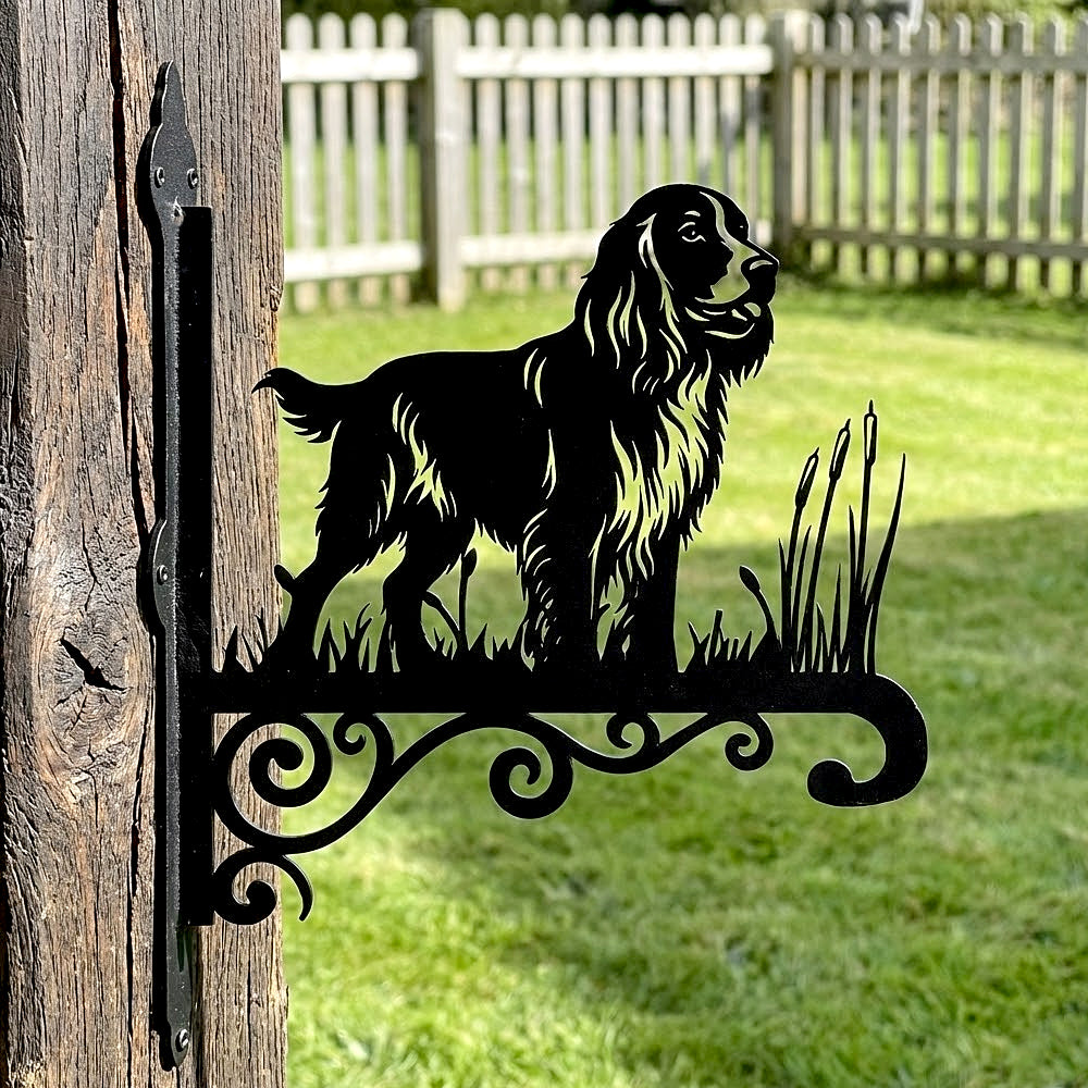 Field spaniel metal hanging basket bracket mounted on outdoor wall for plant decoration