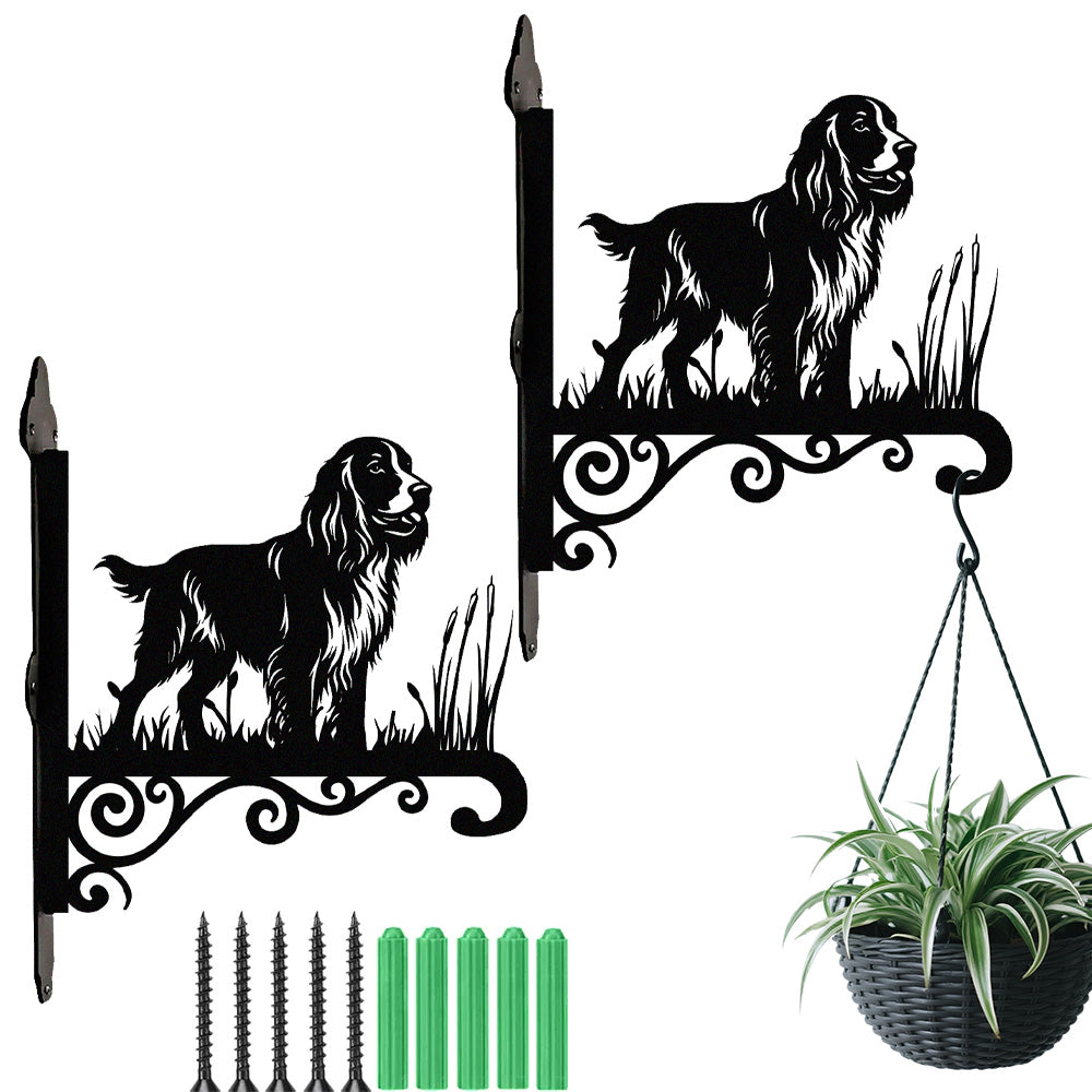 Field spaniel metal hanging basket bracket mounted on outdoor wall for plant decoration