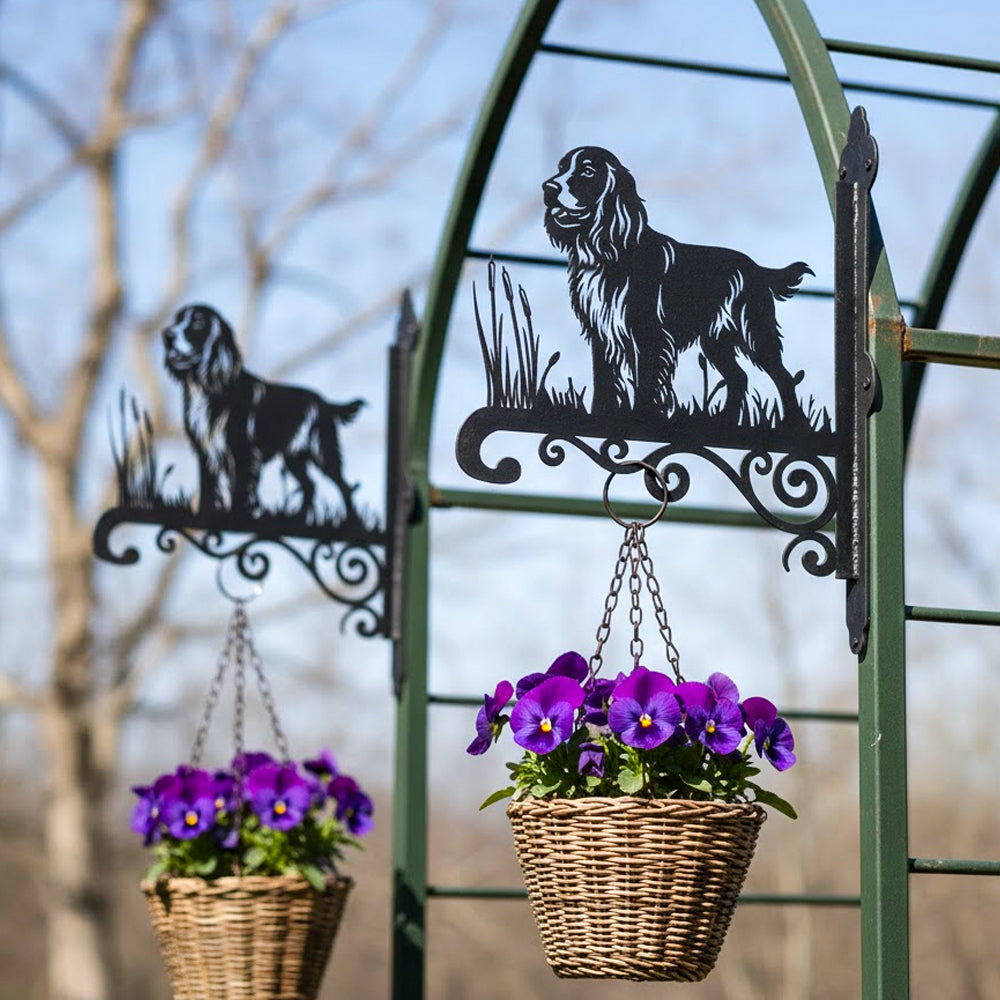 Field spaniel metal hanging basket bracket mounted on outdoor wall for plant decoration