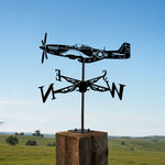 Fighter plane metal weather vane with directional arrows and mounting rod, outdoor roof and garden decoration