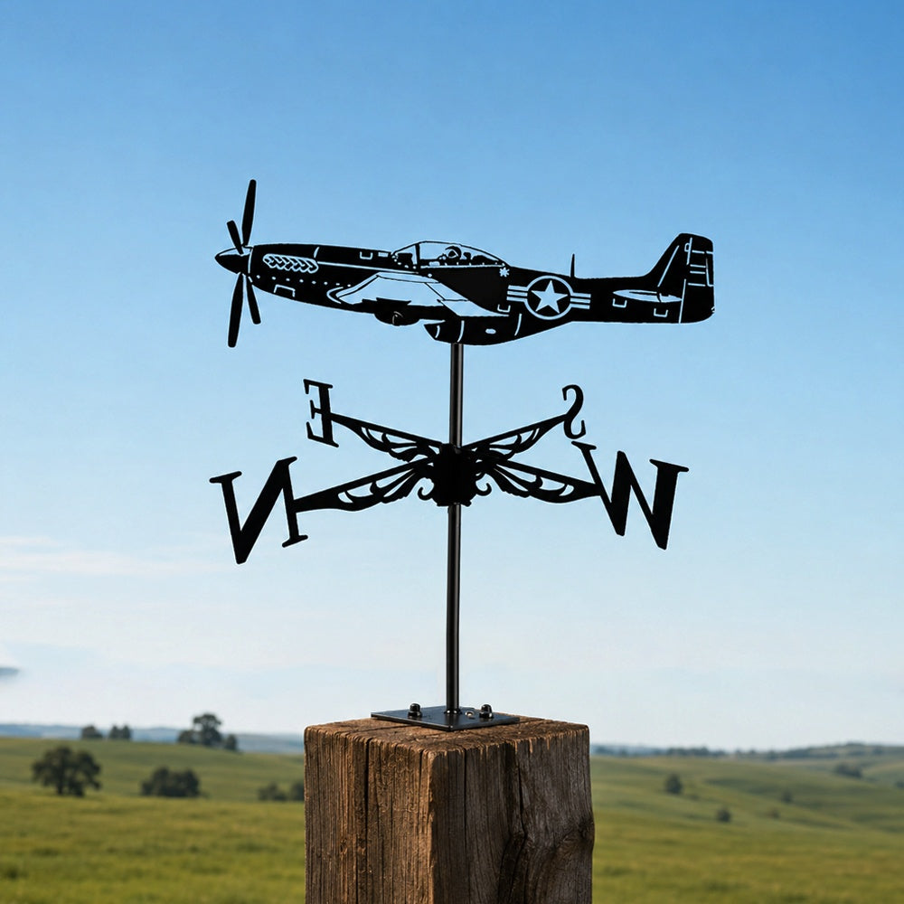 Fighter plane metal weather vane with directional arrows and mounting rod, outdoor roof and garden decoration
