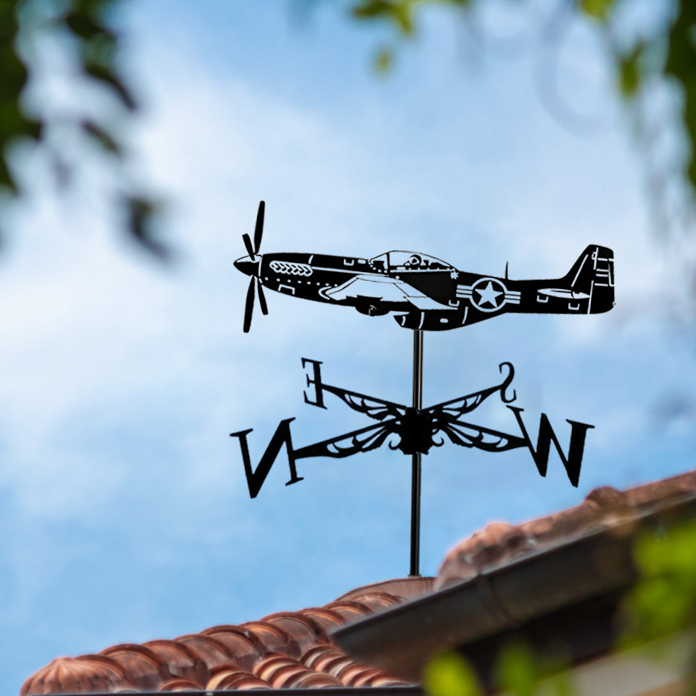 Fighter plane metal weather vane with directional arrows and mounting rod, outdoor roof and garden decoration