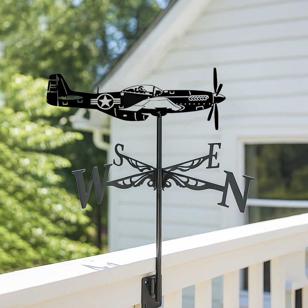 Fighter plane metal weather vane with directional arrows and mounting rod, outdoor roof and garden decoration