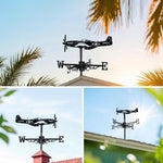 Fighter plane metal weather vane with directional arrows and mounting rod, outdoor roof and garden decoration