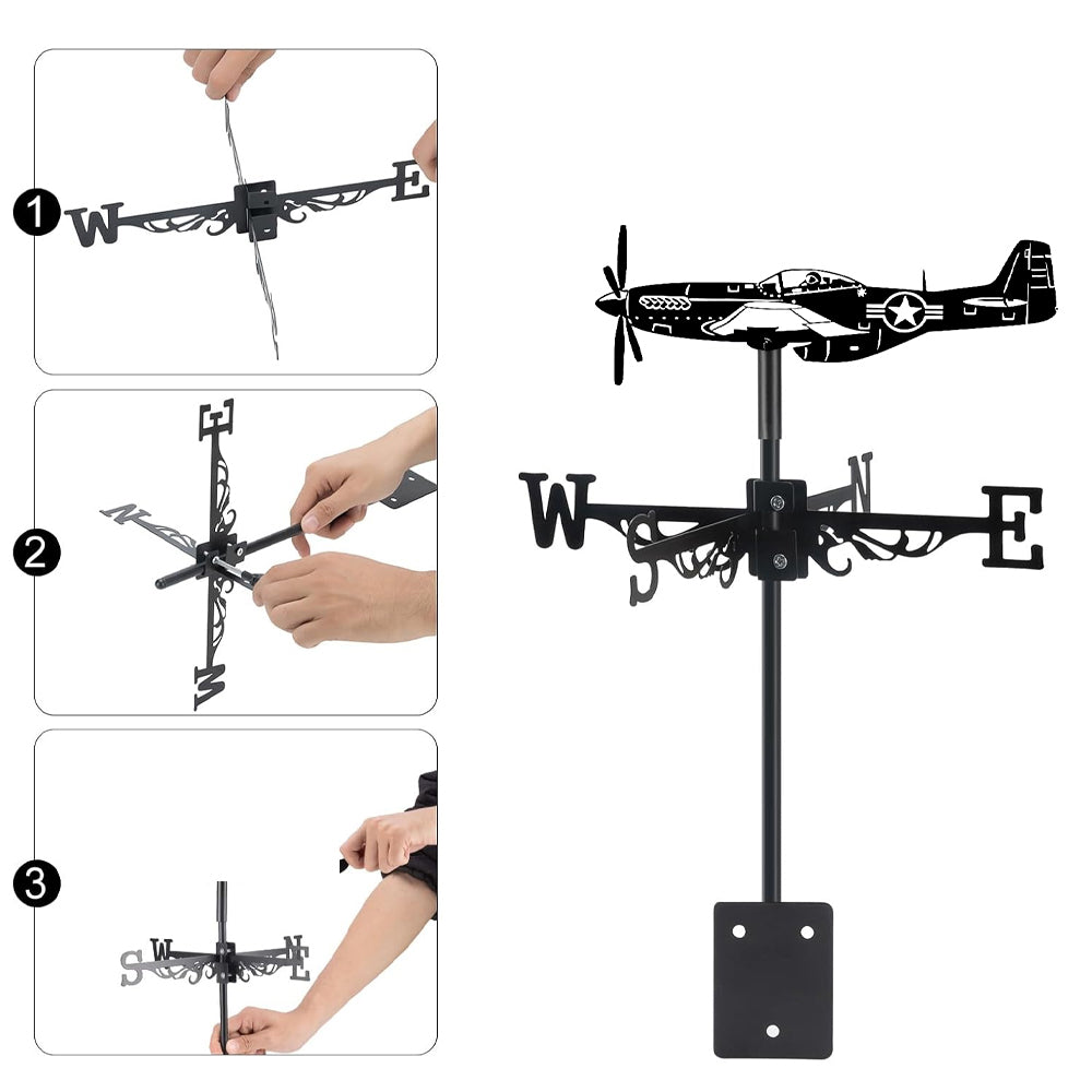 Fighter plane metal weather vane with directional arrows and mounting rod, outdoor roof and garden decoration