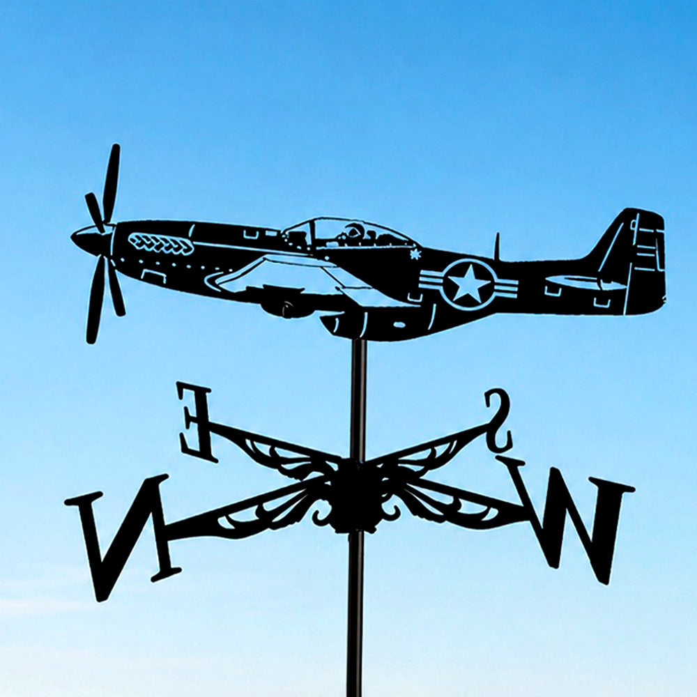 Fighter plane metal weather vane with directional arrows and mounting rod, outdoor roof and garden decoration
