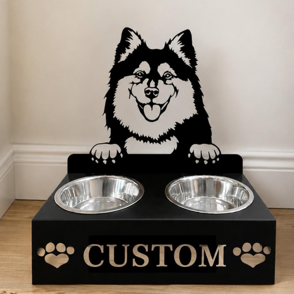 Personalized finnish lapphund dog metal dog bowl stand with custom name cutout and two removable feeding bowls