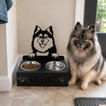 Personalized finnish lapphund dog metal dog bowl stand with custom name cutout and two removable feeding bowls