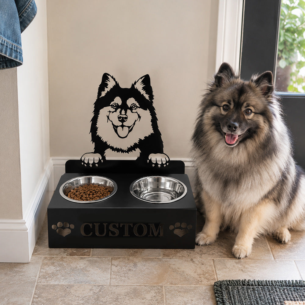 Personalized finnish lapphund dog metal dog bowl stand with custom name cutout and two removable feeding bowls