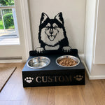 Personalized finnish lapphund dog metal dog bowl stand with custom name cutout and two removable feeding bowls