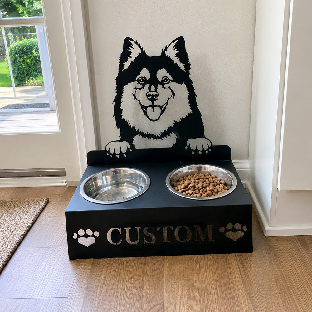 Personalized finnish lapphund dog metal dog bowl stand with custom name cutout and two removable feeding bowls