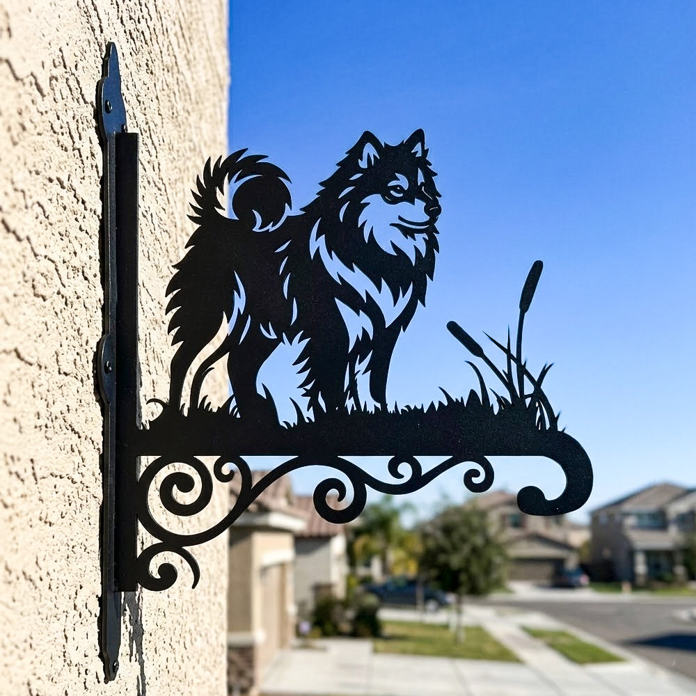 Finnish lapphund metal hanging basket bracket mounted on outdoor wall for plant decoration