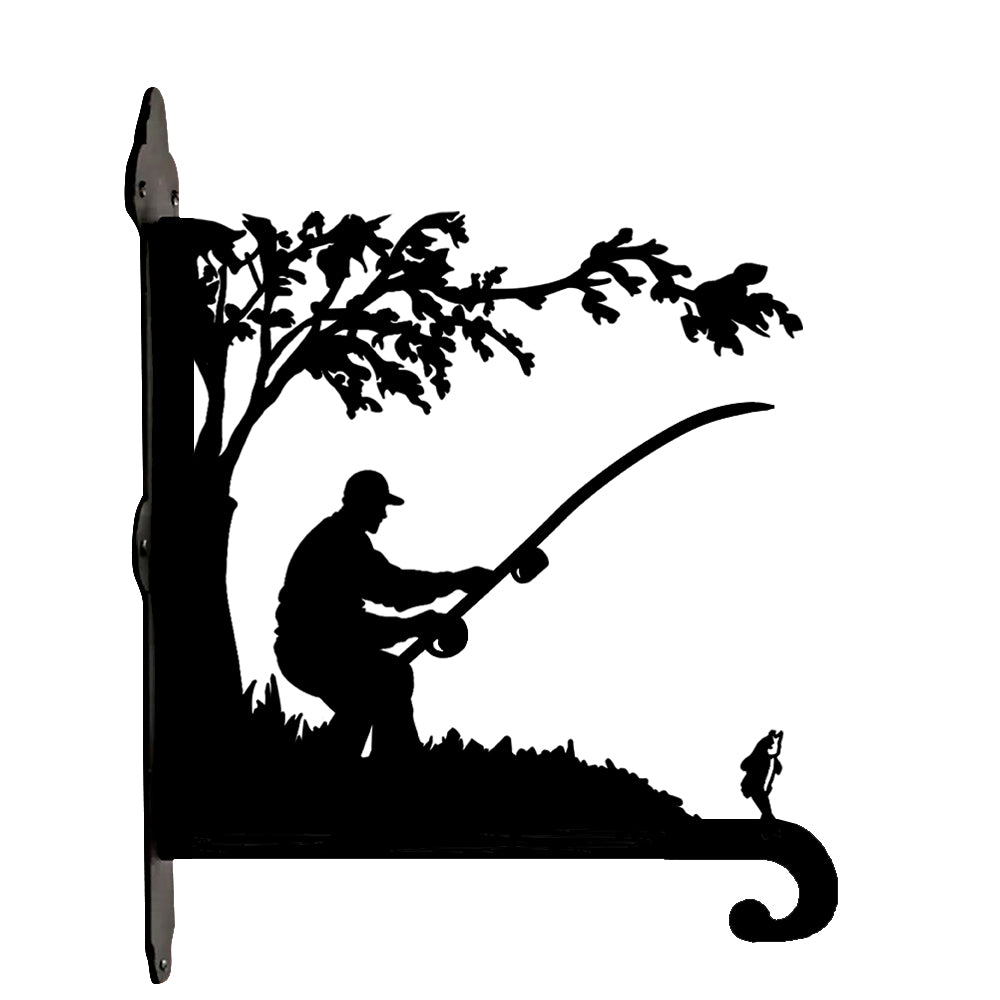 Fisherman fishing metal hanging basket bracket mounted on outdoor wall for plant decoration