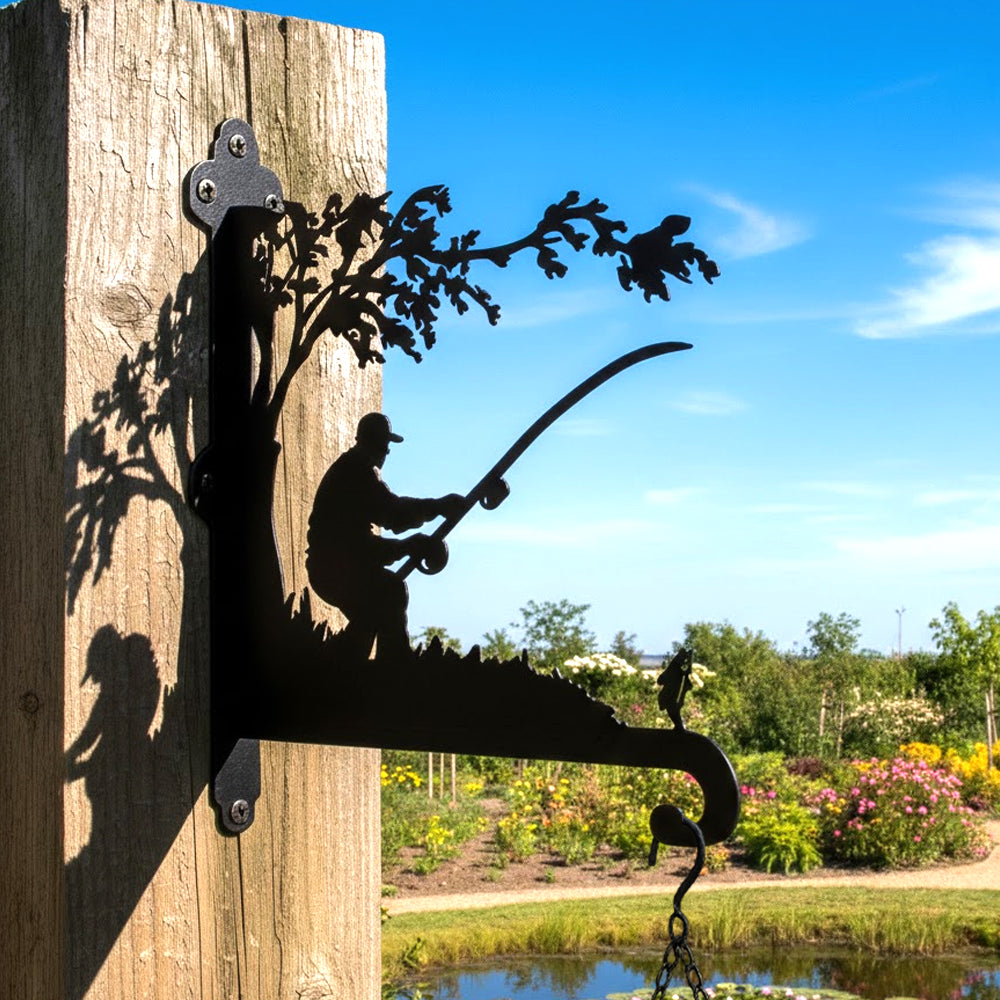 Fisherman fishing metal hanging basket bracket mounted on outdoor wall for plant decoration