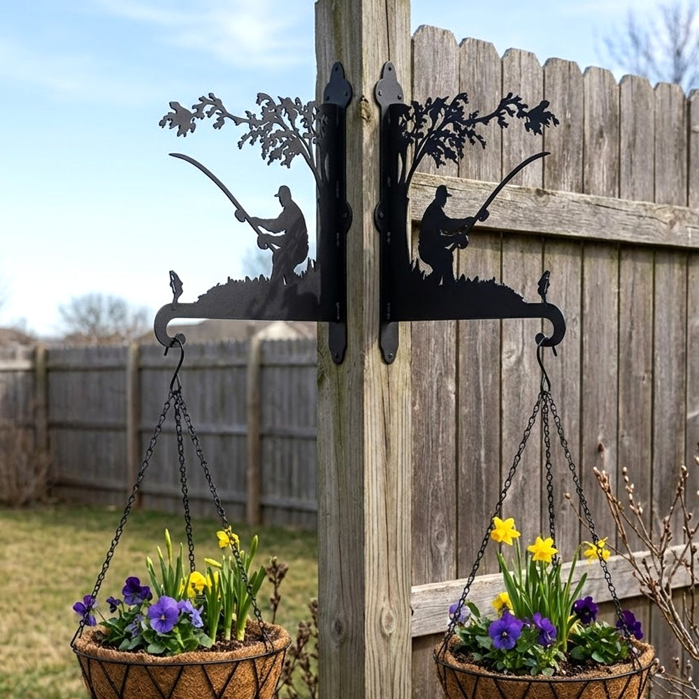 Fisherman fishing metal hanging basket bracket mounted on outdoor wall for plant decoration