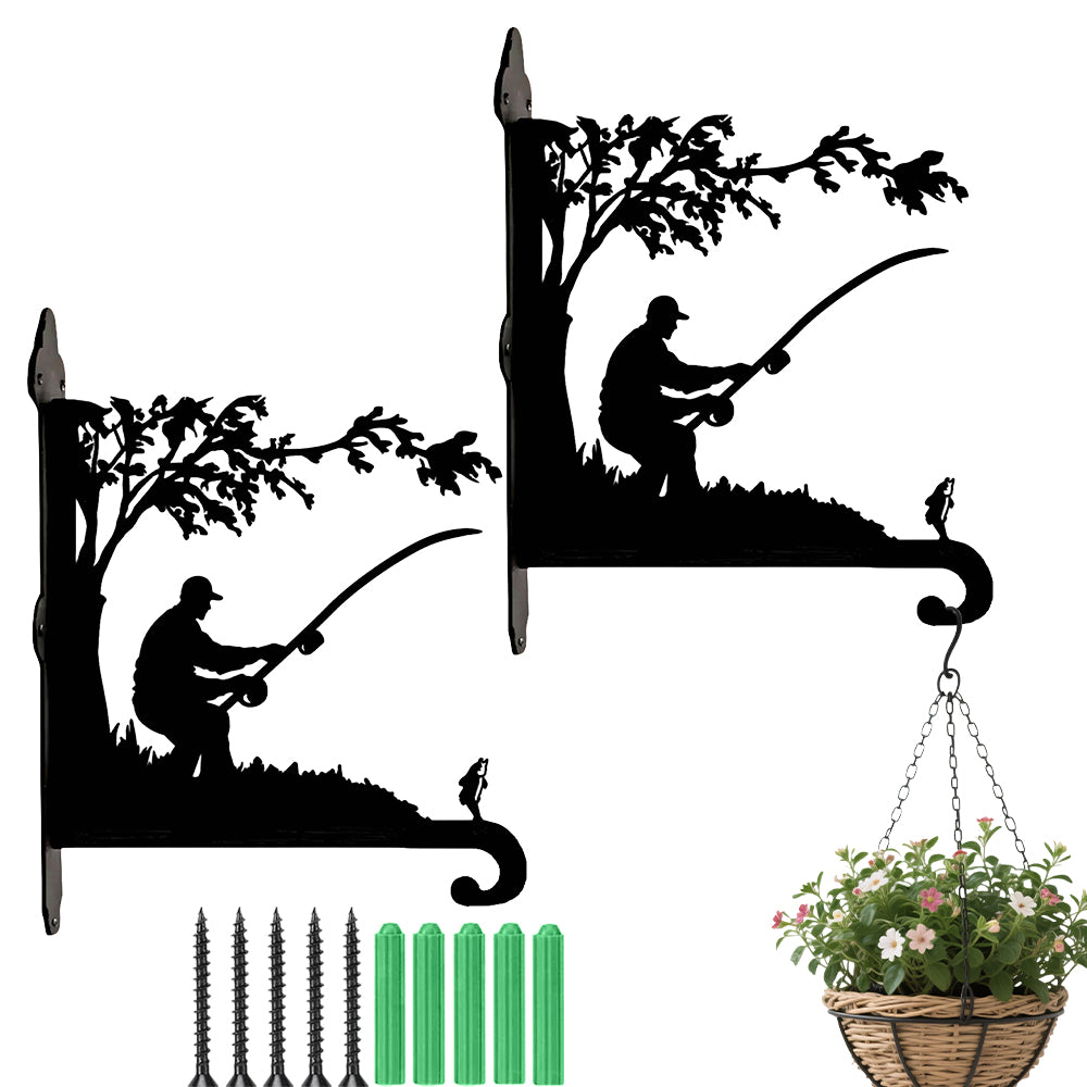 Fisherman fishing metal hanging basket bracket mounted on outdoor wall for plant decoration