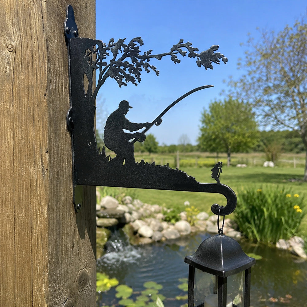 Fisherman fishing metal hanging basket bracket mounted on outdoor wall for plant decoration