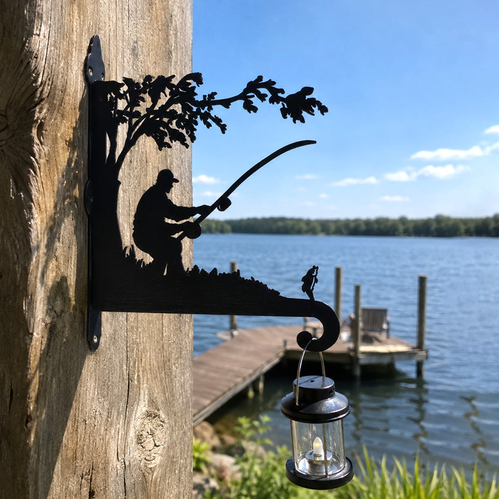 Fisherman fishing metal hanging basket bracket mounted on outdoor wall for plant decoration