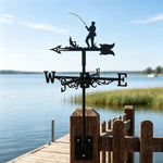 Fisherman fishing metal weather vane with directional arrows and mounting rod, outdoor roof and garden decoration
