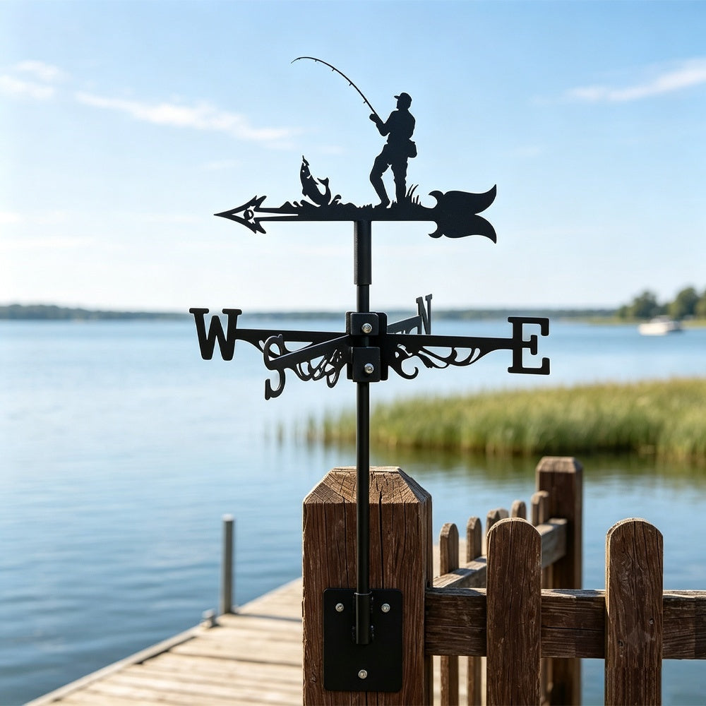 Fisherman fishing metal weather vane with directional arrows and mounting rod, outdoor roof and garden decoration