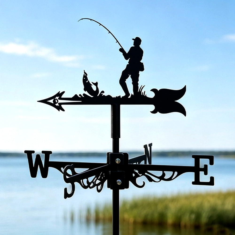 Fisherman fishing metal weather vane with directional arrows and mounting rod, outdoor roof and garden decoration