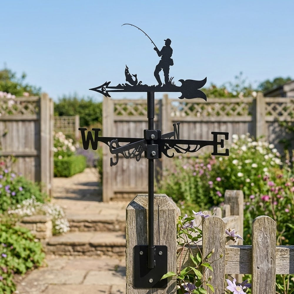 Fisherman fishing metal weather vane with directional arrows and mounting rod, outdoor roof and garden decoration