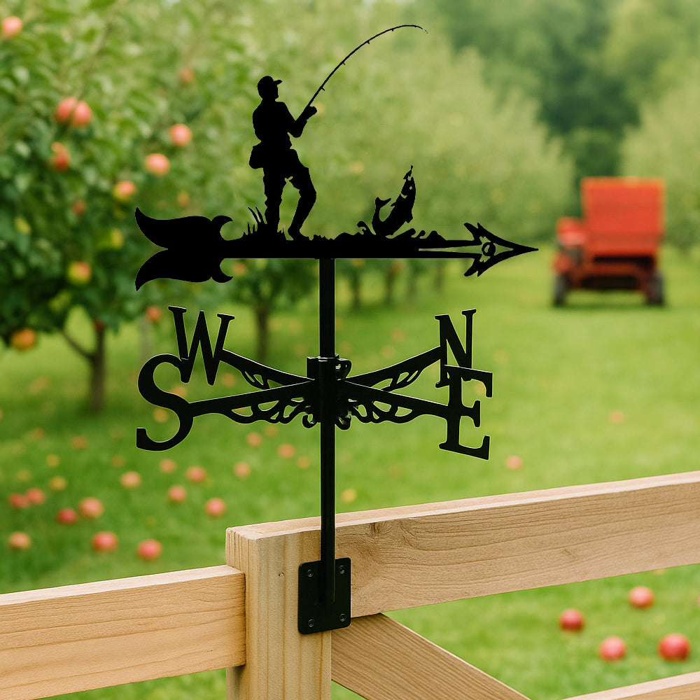 Fisherman fishing metal weather vane with directional arrows and mounting rod, outdoor roof and garden decoration