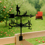 Fisherman fishing metal weather vane with directional arrows and mounting rod, outdoor roof and garden decoration