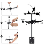 Fisherman fishing metal weather vane with directional arrows and mounting rod, outdoor roof and garden decoration