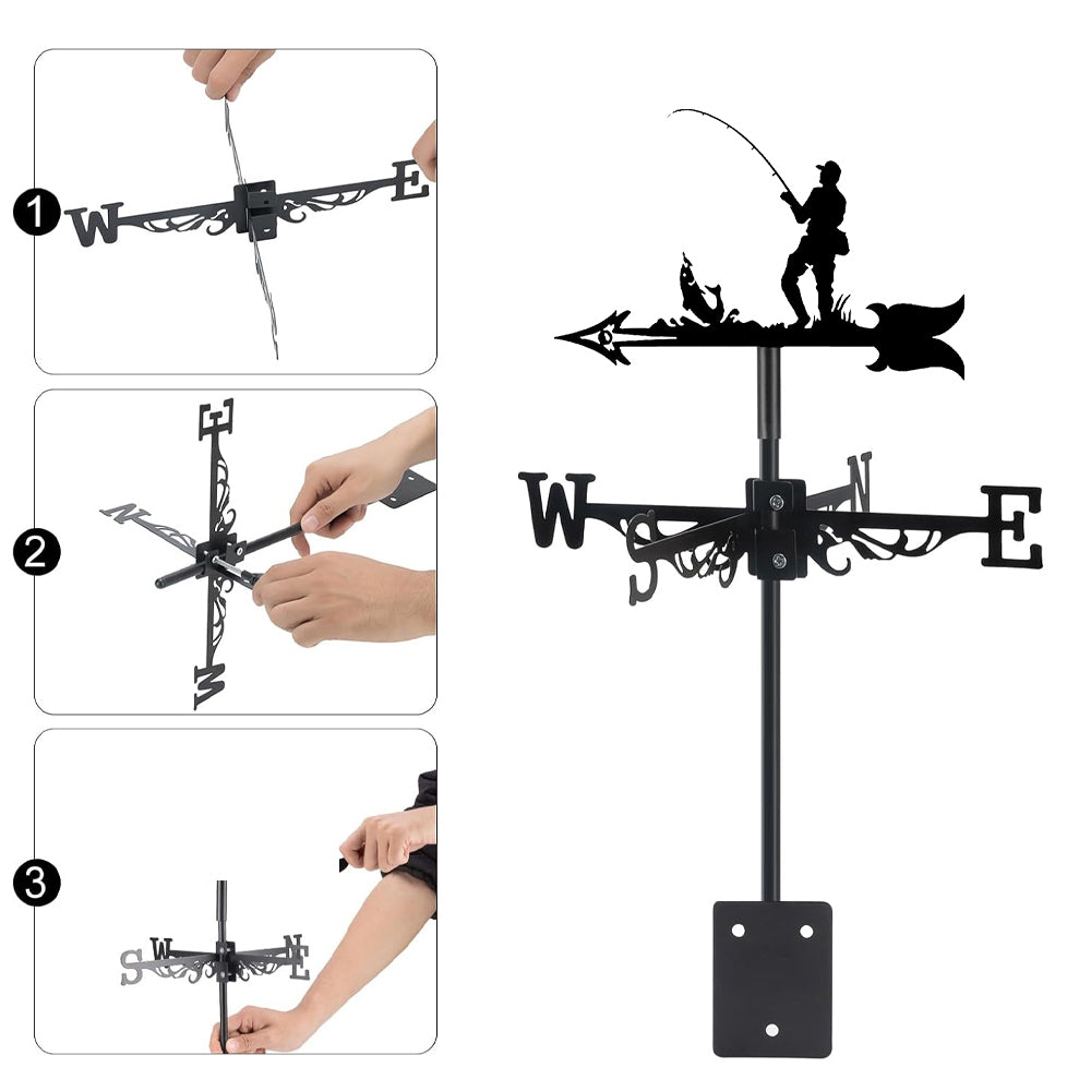 Fisherman fishing metal weather vane with directional arrows and mounting rod, outdoor roof and garden decoration