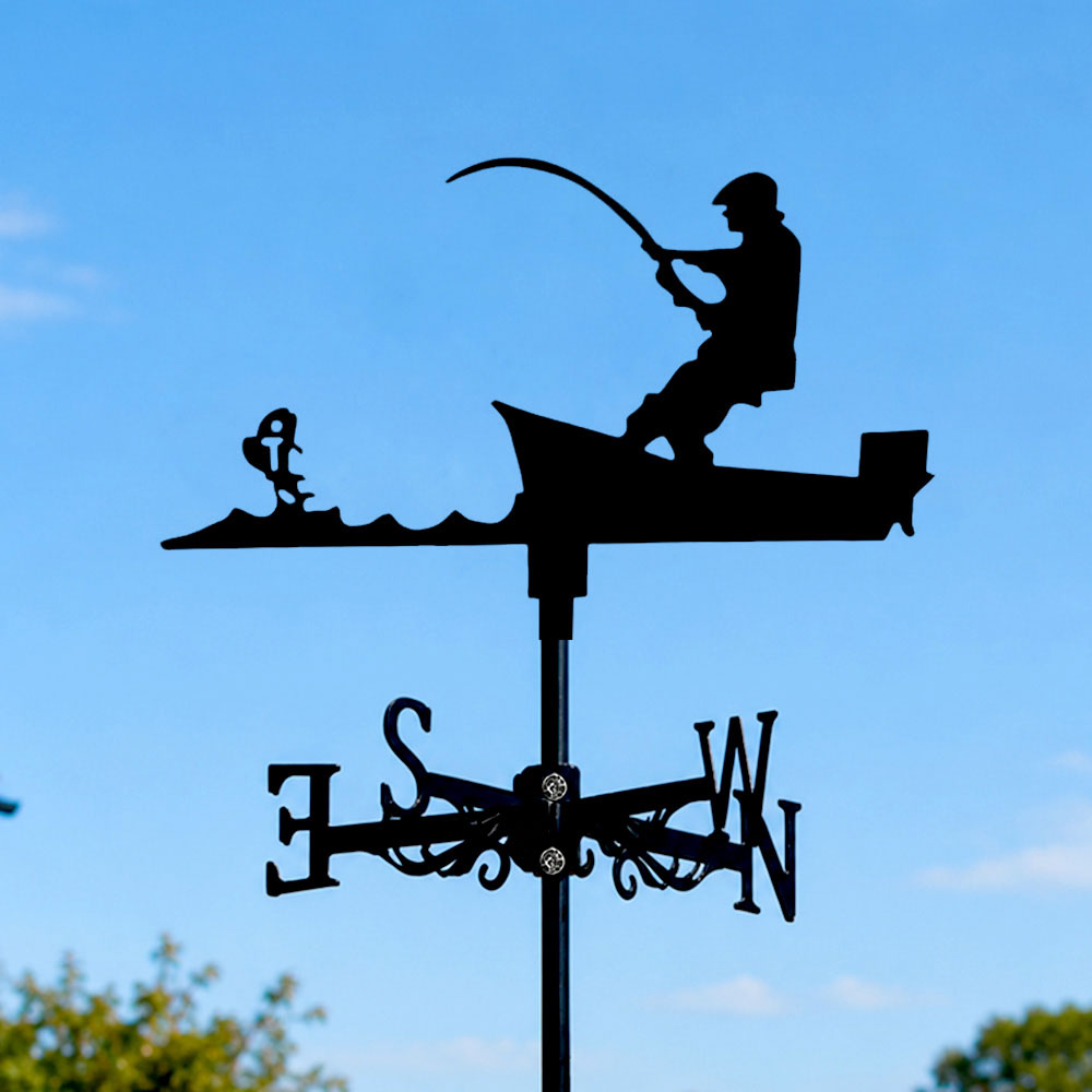 Fisherman in boat metal weather vane with directional arrows and mounting rod, outdoor roof and garden decoration