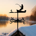 Fisherman in boat metal weather vane with directional arrows and mounting rod, outdoor roof and garden decoration