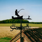 Fisherman in boat metal weather vane with directional arrows and mounting rod, outdoor roof and garden decoration