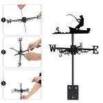 Fisherman in boat metal weather vane with directional arrows and mounting rod, outdoor roof and garden decoration