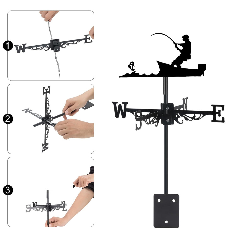 Fisherman in boat metal weather vane with directional arrows and mounting rod, outdoor roof and garden decoration