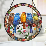 Five wild birds on a branch stained glass suncatcher window hanging, suitable for home and garden decoration