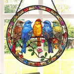 Five wild birds on a branch stained glass suncatcher window hanging, suitable for home and garden decoration