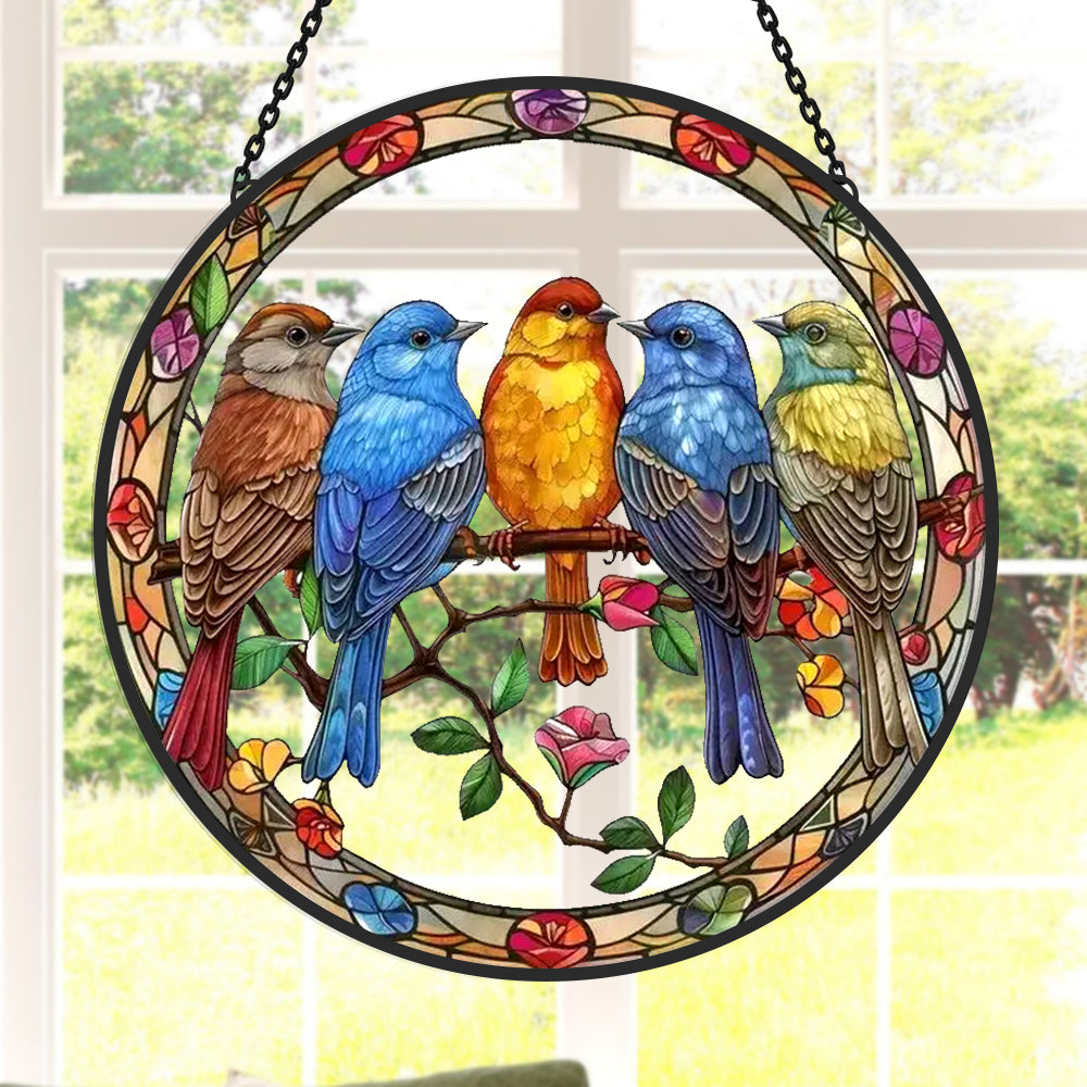 Five wild birds on a branch stained glass suncatcher window hanging, suitable for home and garden decoration