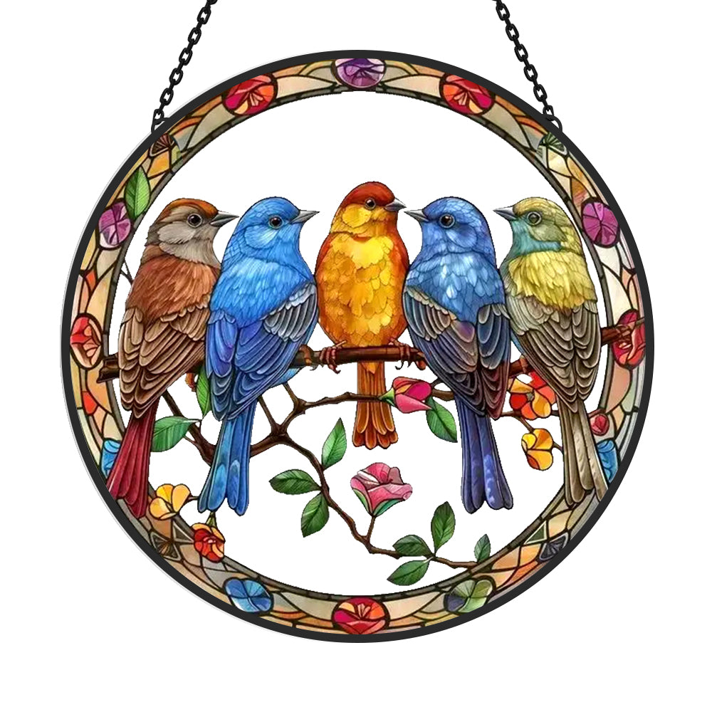 Five wild birds on a branch stained glass suncatcher window hanging, suitable for home and garden decoration