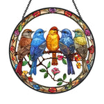 Five wild birds on a branch stained glass suncatcher window hanging, suitable for home and garden decoration