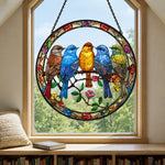 Five wild birds on a branch stained glass suncatcher window hanging, suitable for home and garden decoration