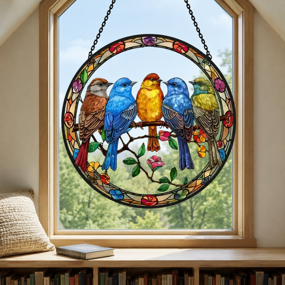 Five wild birds on a branch stained glass suncatcher window hanging, suitable for home and garden decoration