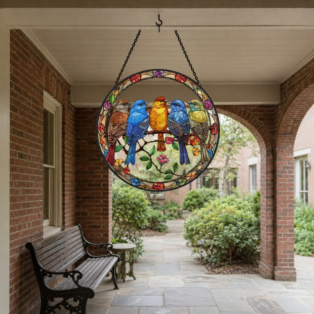 Five wild birds on a branch stained glass suncatcher window hanging, suitable for home and garden decoration