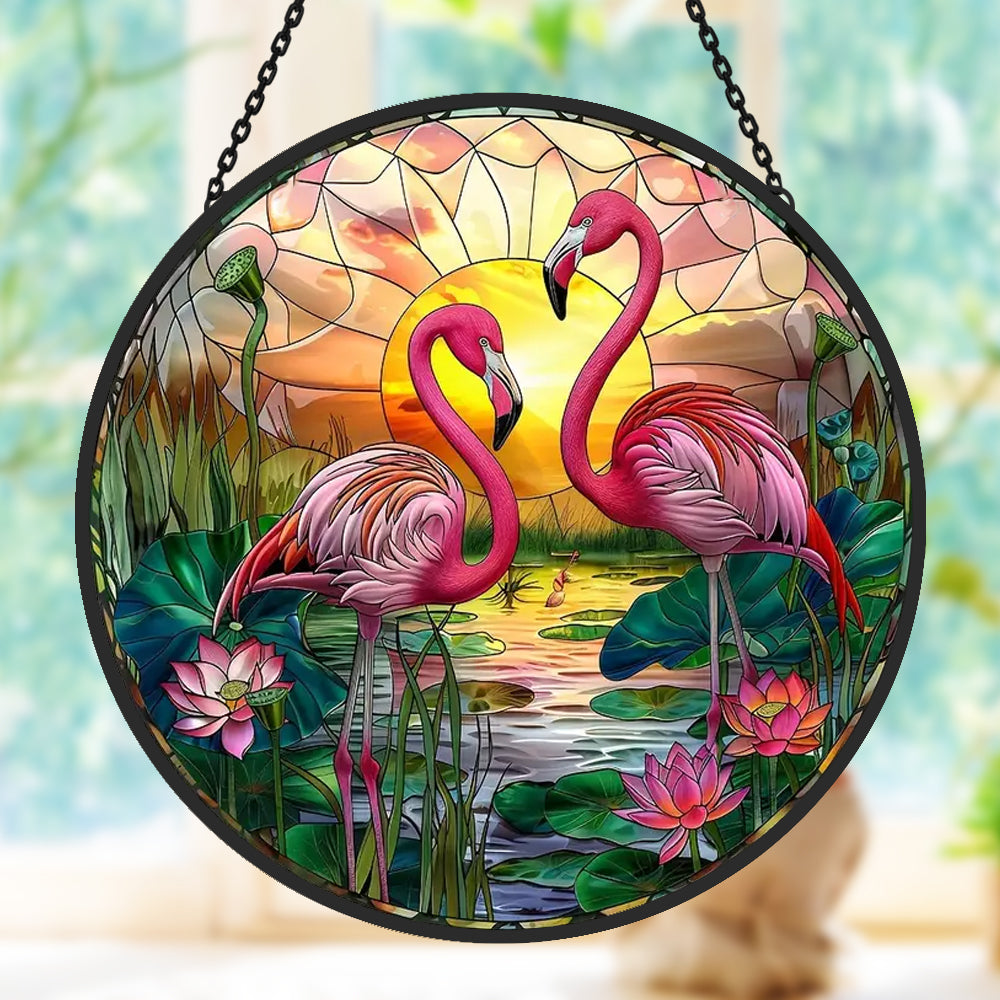 flamingo couple stained glass suncatcher window hanging, suitable for home and garden decoration.