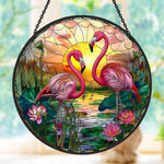 flamingo couple stained glass suncatcher window hanging, suitable for home and garden decoration.
